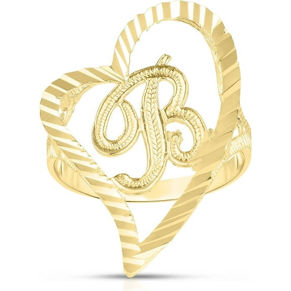 Floreo 10k Yellow Gold A-Z Cursive Letter and Heart Initial Ring, Large Heart (1.1")