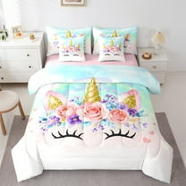 Castle Fairy Floral Unicorn 7 Pieces Bedding Comforter Set,Kawaii Rainbow Animal Full Bedding Set Lightweight,Flower Magic Horse Fitted Sheet Flat Sheet,Breathable Home Decor