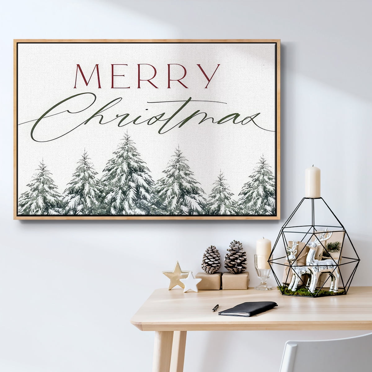 Merry Christmas Trees - Framed Gallery Wrapped Holiday Canvas - 27 x 41 - Natural Wood Frame