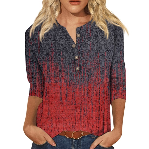 Top de cuello con estampado retro SCZ Botones de manga larga casual de moda para mujer rojo M