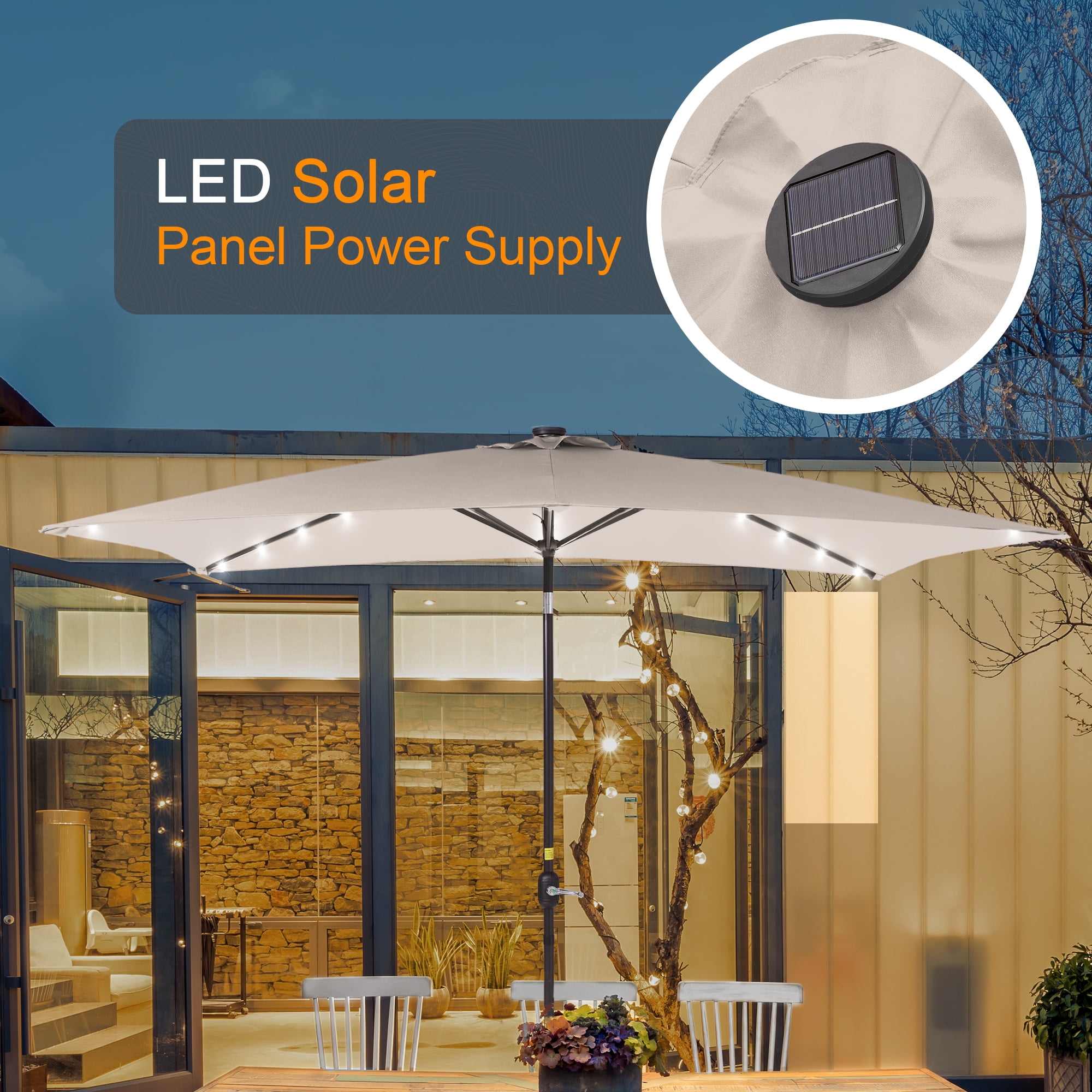ACEGOSES LED Outdoor Patio 6x9ft Deck Solar Light Market Umbrella, Outside Table Umbrellas With Polyester canopy,Beige