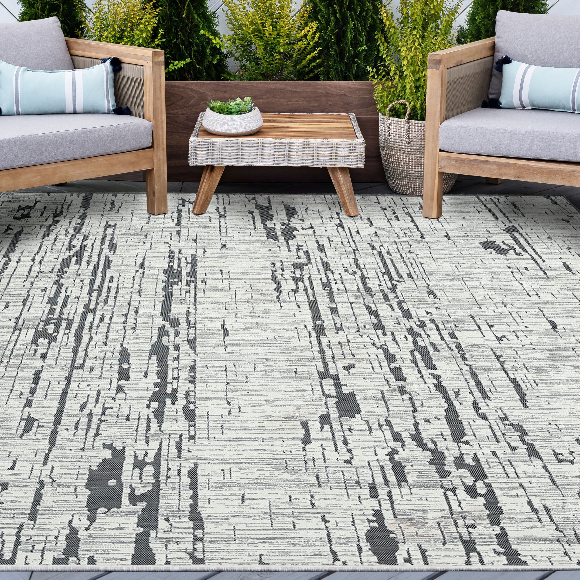 5x8 Water Resistant, Indoor Outdoor Rugs for Patios, Front Door Entry, Entryway, Deck, Porch, Balcony | Outside Area Rug for Patio | Black, Stripe | Size: 5'3'' x 7'3''