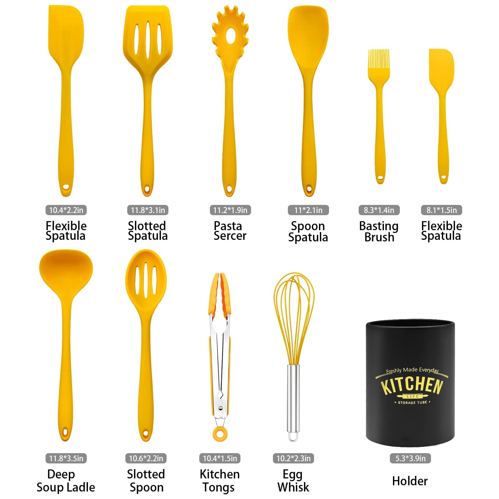 11-Piece Silicone Cooking Utensil Set, Non-Stick Kitchen Gadgets with Spatulas, Includes Iron Utensil Holder, Non-Scratch Heat-Resistant Kitchen Tools (Yellow)