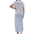 thumbnail image 2 of Short Sleeved Women V-neck Casual Loose Knit Dress Lapel Striped Print Straight Knee Sweater Dress, 2 of 5