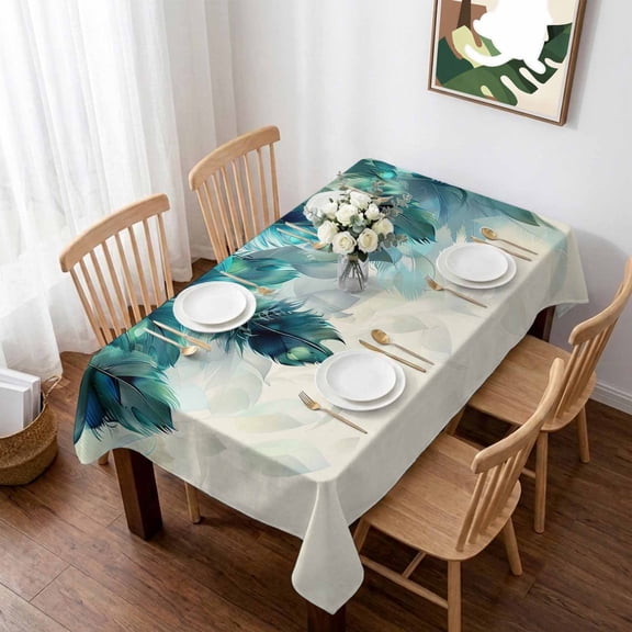 Turquoise Feather Table Cloth Waterproof Tablecloths, Farmhouse Rustic Modern Beige Tablecloth Dining Table Cover for Kitchen Party Tabletop Outdoor, Rectangle Tablecloth 60x102 Inch