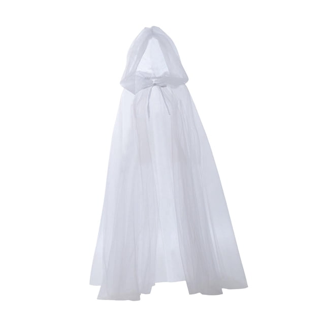 Capa de bruja, disfraz de Halloween, bata de fiesta para adultos, capucha, capa de tul, capa, accesorios de terror Blanco