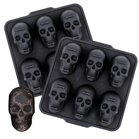 CAKETIME Metal Reinforced Silicone Skull Cake Pan Baking Pan for Halloween 2 Pack
