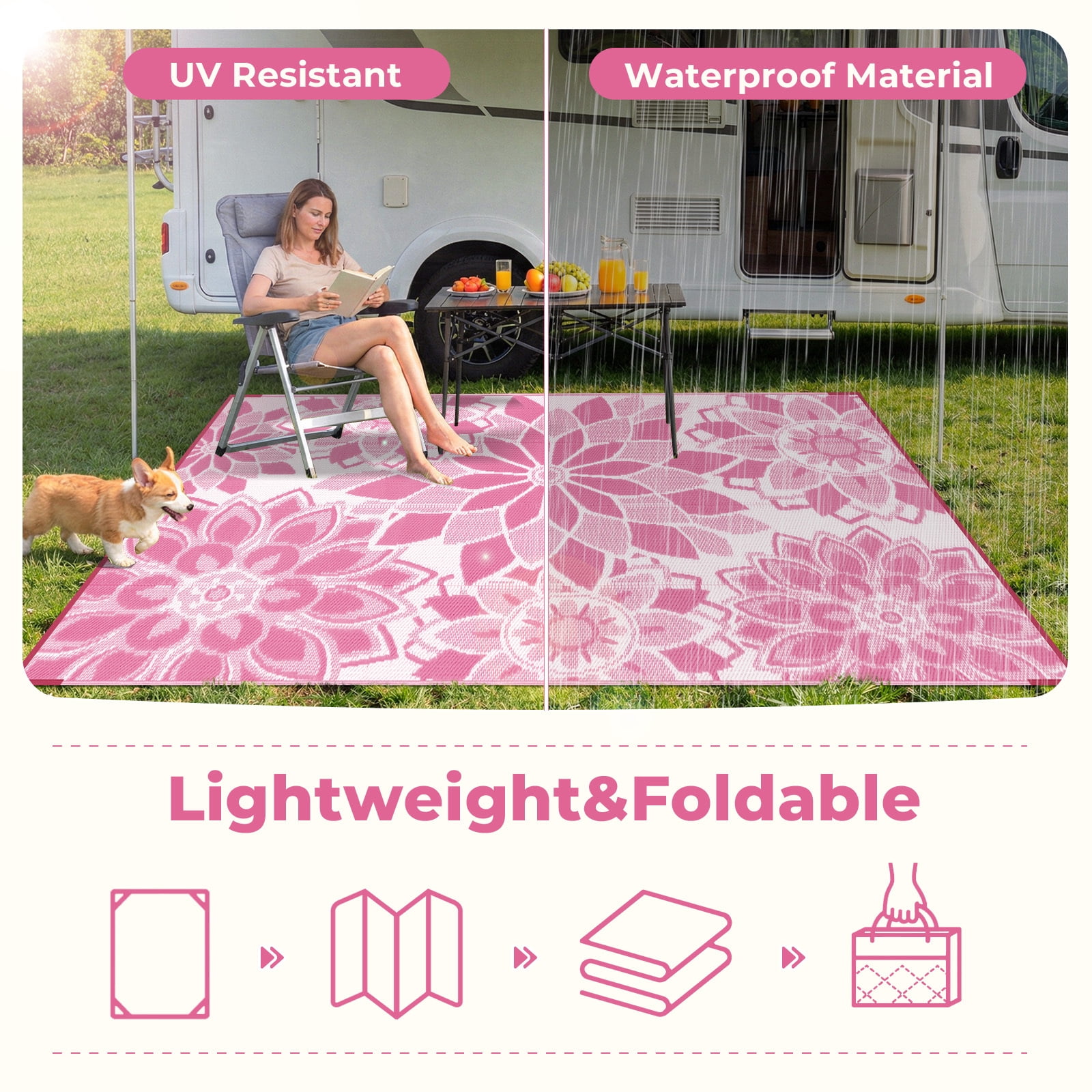 Findosom Outdoor Rug 6'x9' Reversible Waterproof Outdoor Patio Rug Mat Plastic Straw Rug Outdoor Area Rug Patio Camping Rug for RV Picnic Balcony Backyard Beach Outdoor Decor,Pink