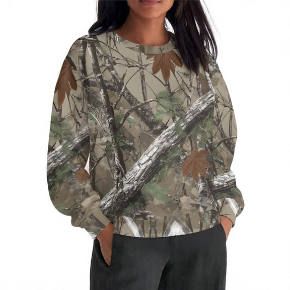 FRSASU Womens casual and comfortable Sweatshirt Graphic Maple Leaf trunk Print Crewneck Loose Long Sleeve Y2k Trendy Fall Pullover Gray