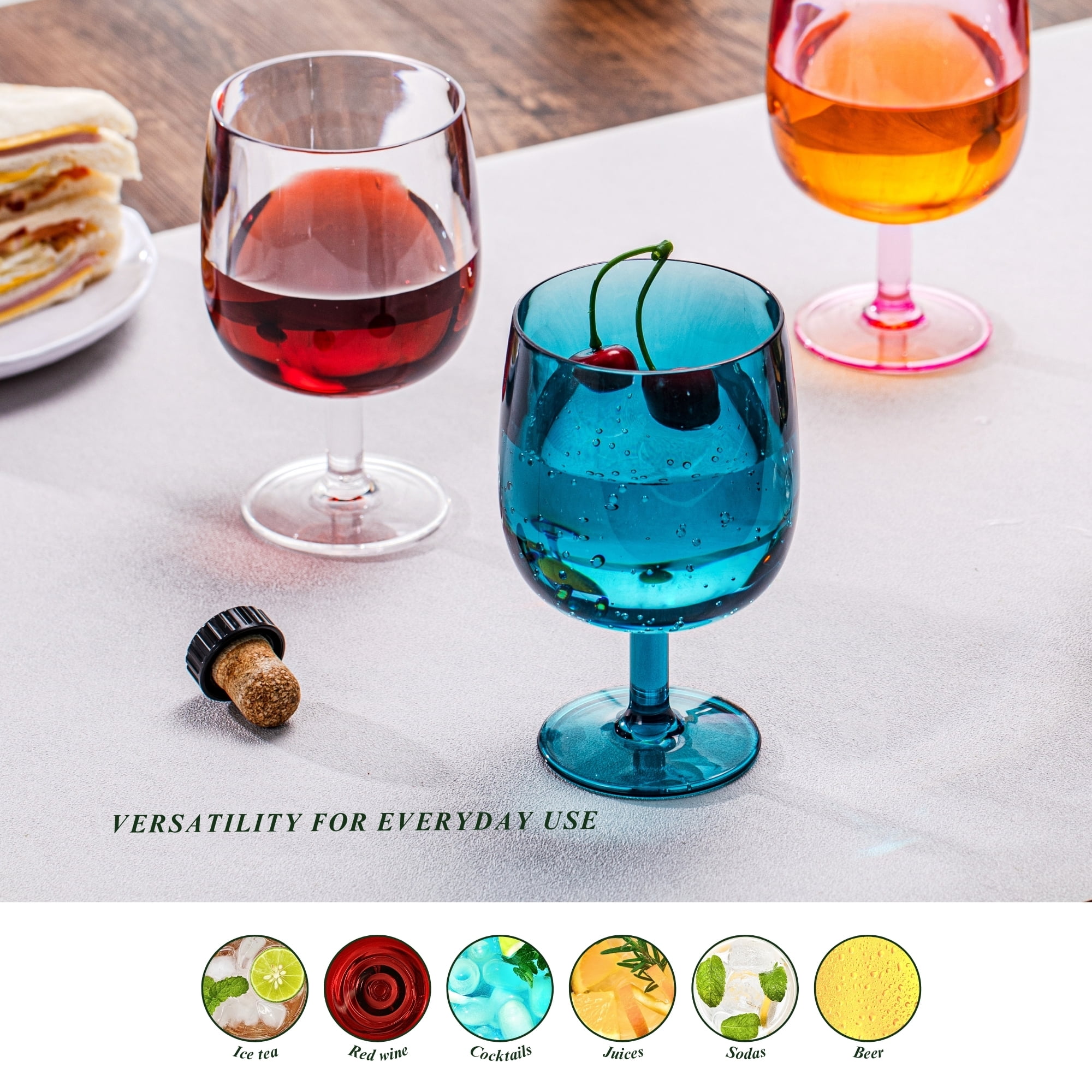 MIYOPESI 12oz Colorful Stemmed Wines Cups (Set of 8), Shatter-Proof Acrylic Bar Glasses, BPA-Free, Dishwasher-Safe