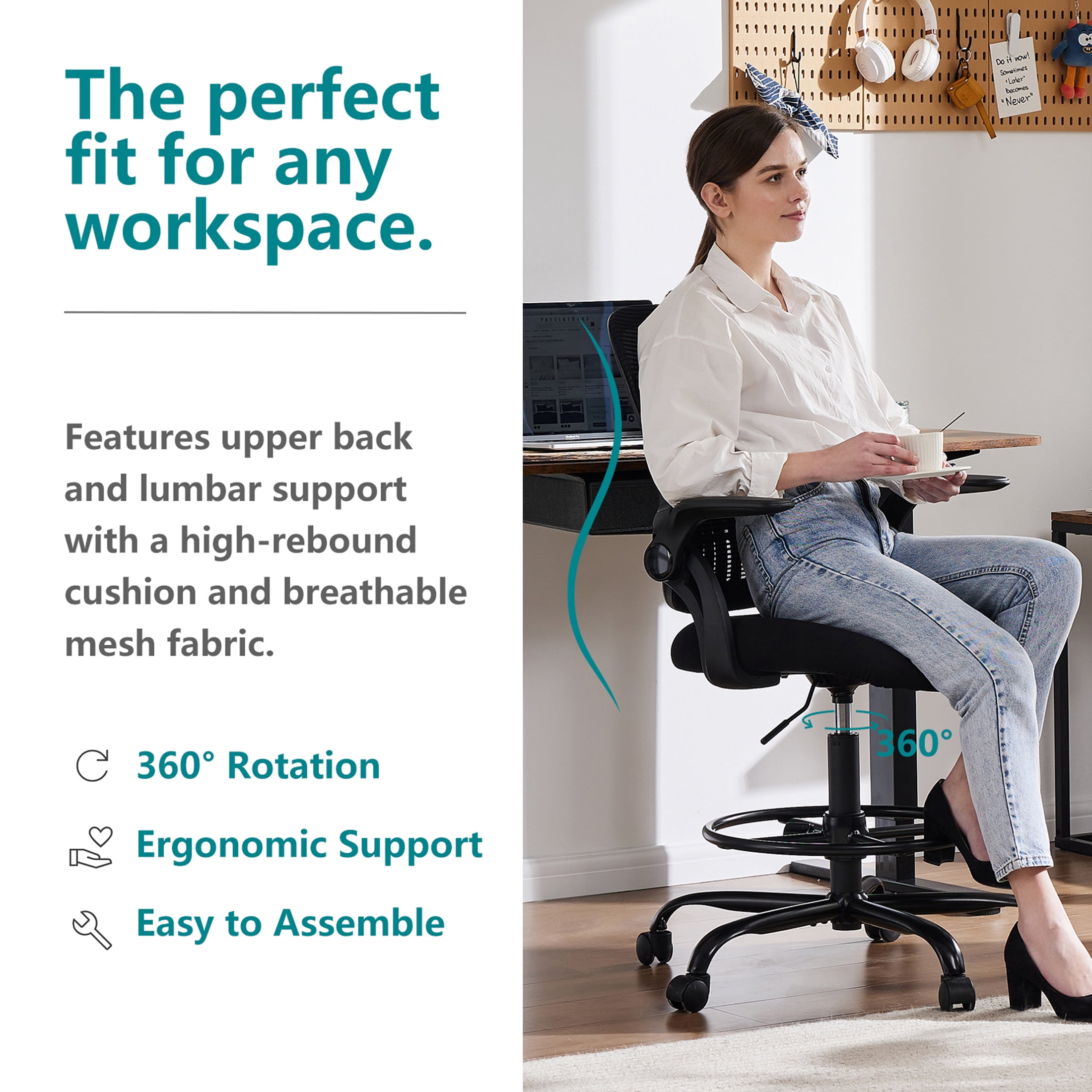 JOINSUN Home Office Desk Chair, Ergonomic Mid Back with Adjustable Height, Lumbar Support, Black