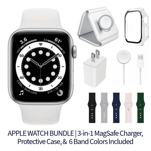 Restored Apple Watch Series 6 Bundle - 40mm GPS Silver (2020) - 3-in-1 MagSafe Charger, Protective Case & 6 Bands Included (Refurbished)