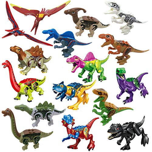 etc 16pcs Set Dinos Toy Playset,Buildable Dinosaur Building Blocks Figures with Movable Jaws,Including T Rex Velociraptor,Pterosauria