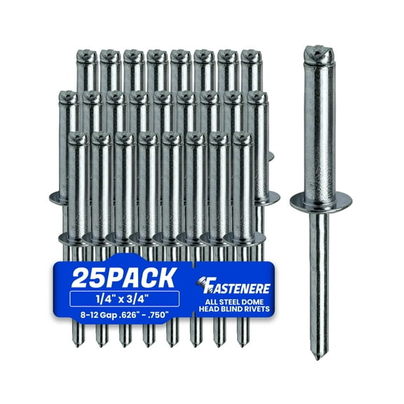 Fastenere Pop Rivets 1/4" x 3/4" (25 pcs) Aluminum Body Steel Mandrel, Heavy Duty, Open End, Low Carbon, Dome Head Blind Rivets, Corrosion Resistant & High Shear Strength, 8-12 Gap .626" - .750"