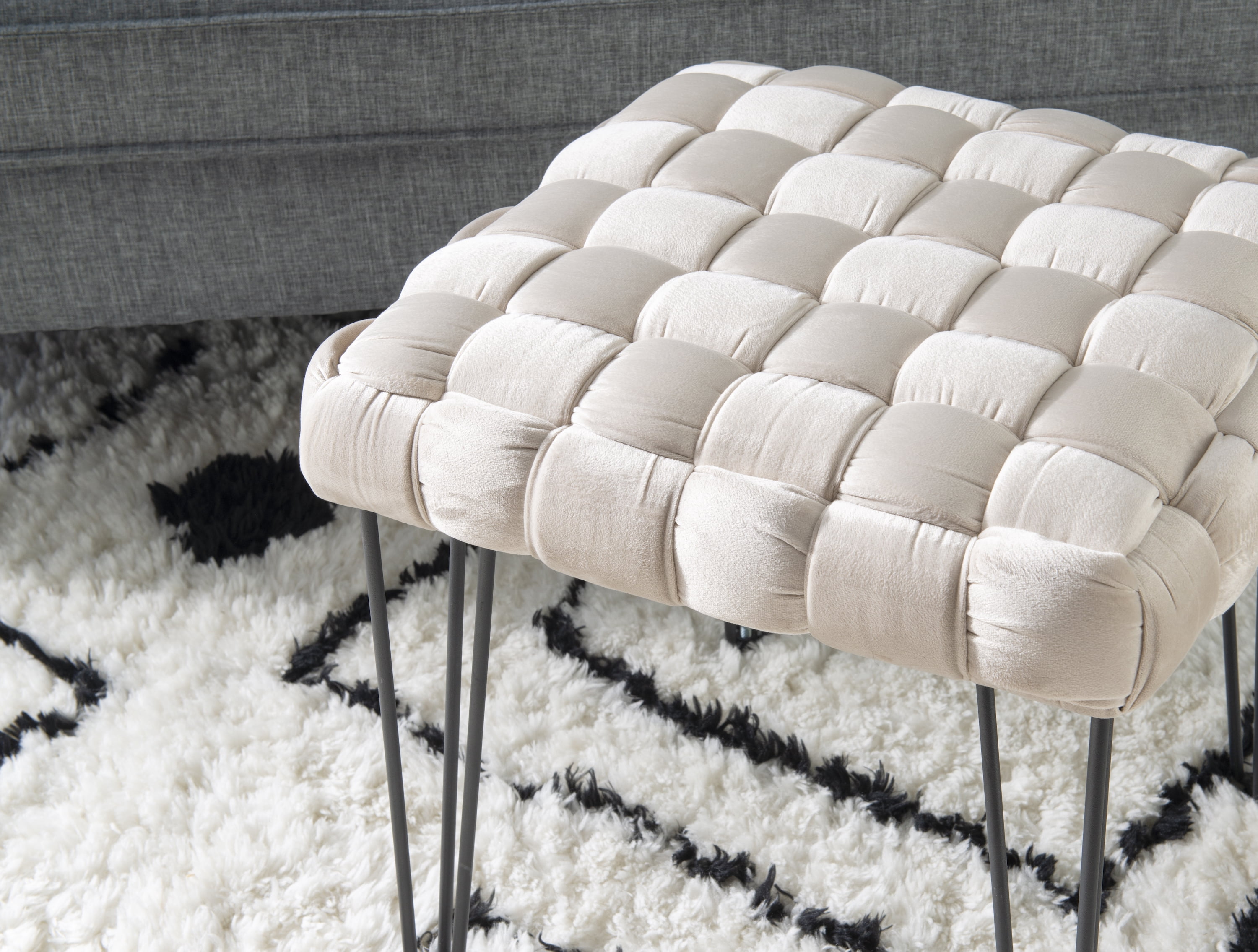 Powell Anya Square Handwoven Velvet Ottoman with Hairpin Legs, Cream