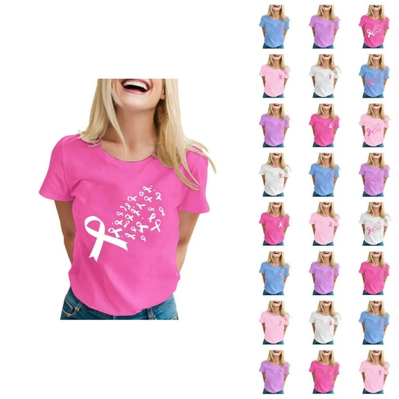 Cancer Shirts for Women Short Sleeve Crewneck Pink Ribbon Graphic T-Shirt Cancer Awareness Shirt