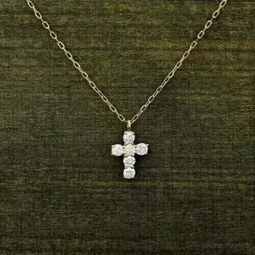 2 Ct Round Cut White Moissanite Small Cross Shape Pendant 14k Yellow Gold Plated