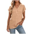 thumbnail image 3 of Women's Casual Solid Color V Neck Button Down Short Sleeve Cotton Tops Blouses Soft Lightweight Work Office Outfits | CSEONE,Khaki XL, 3 of 7