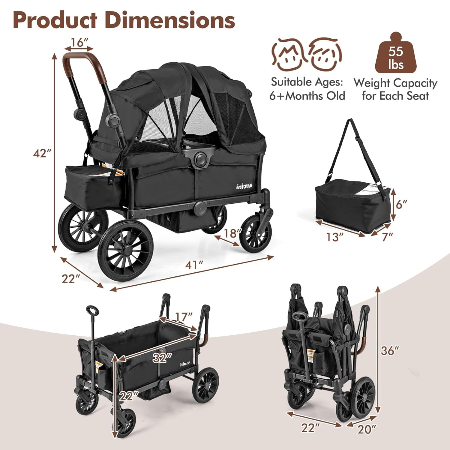 INFANS Wagon Stroller for 2 Kids, Collapsible Adjustable Push Pull Handle Bar, 2 Seater Stroller Wagon with Removable Canopy Snack Tray, Comfortable Drop-Down footwell and Upholstered Seats