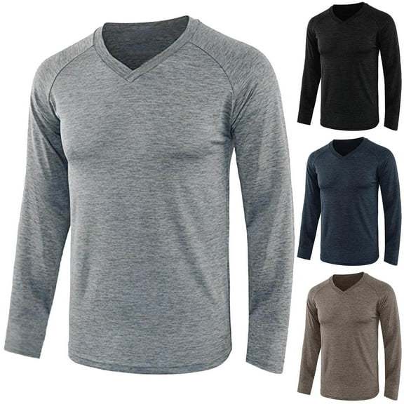 Dagugfen Gym Tops for Men Long Sleeve V Neck Slim Comfy Training Cycling Workout Shirts Solid Color