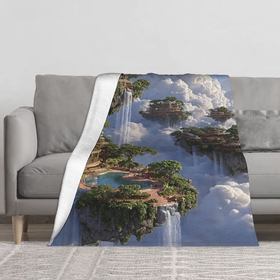 Soft Fleece Throw Blanket, Floating Sky Island Waterfall Fantasy Landscape Fleece Throw Blanket