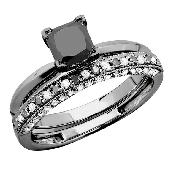 Dazzlingrock Collection Princess & Round Black and White Diamond Wedding Ring Set for Women (1.50 ctw, Color I-J, Clarity I1-I2) in Black Plated 14K White Gold, Size 9.5