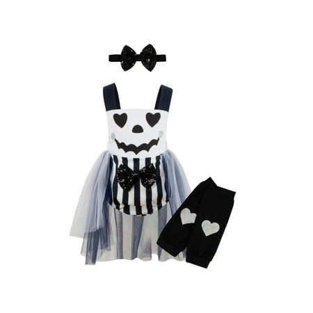 

Calsunbaby 3PCS Infant Newborn Baby Girls Halloween Baby Girls Outfit Black White Stripe Sleeveless Mesh Splicing Suspender Romper + Heart Leggings + Bow Headwear