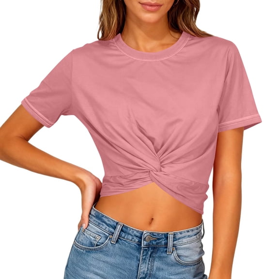 FAIWAD Summer Tops for Women Casual Short Sleeve Crew Neck Twist Front Crop Tops Workout Gym Casual Tees
