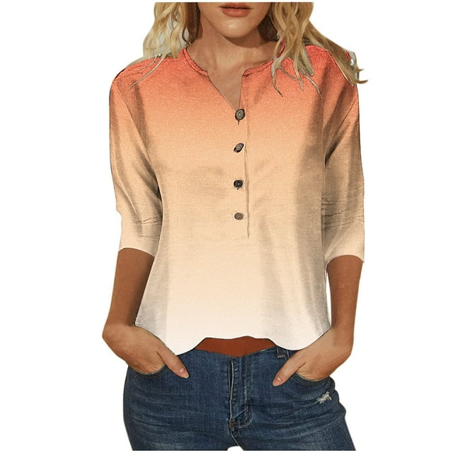 Hauts à Manches 3/4 pour Femmes T-Shirts Basiques à Manches 3/4 Imprimés Col Rond Boutonné Blouses Mode T-Shirts à Manches 3/4 pour Femmes