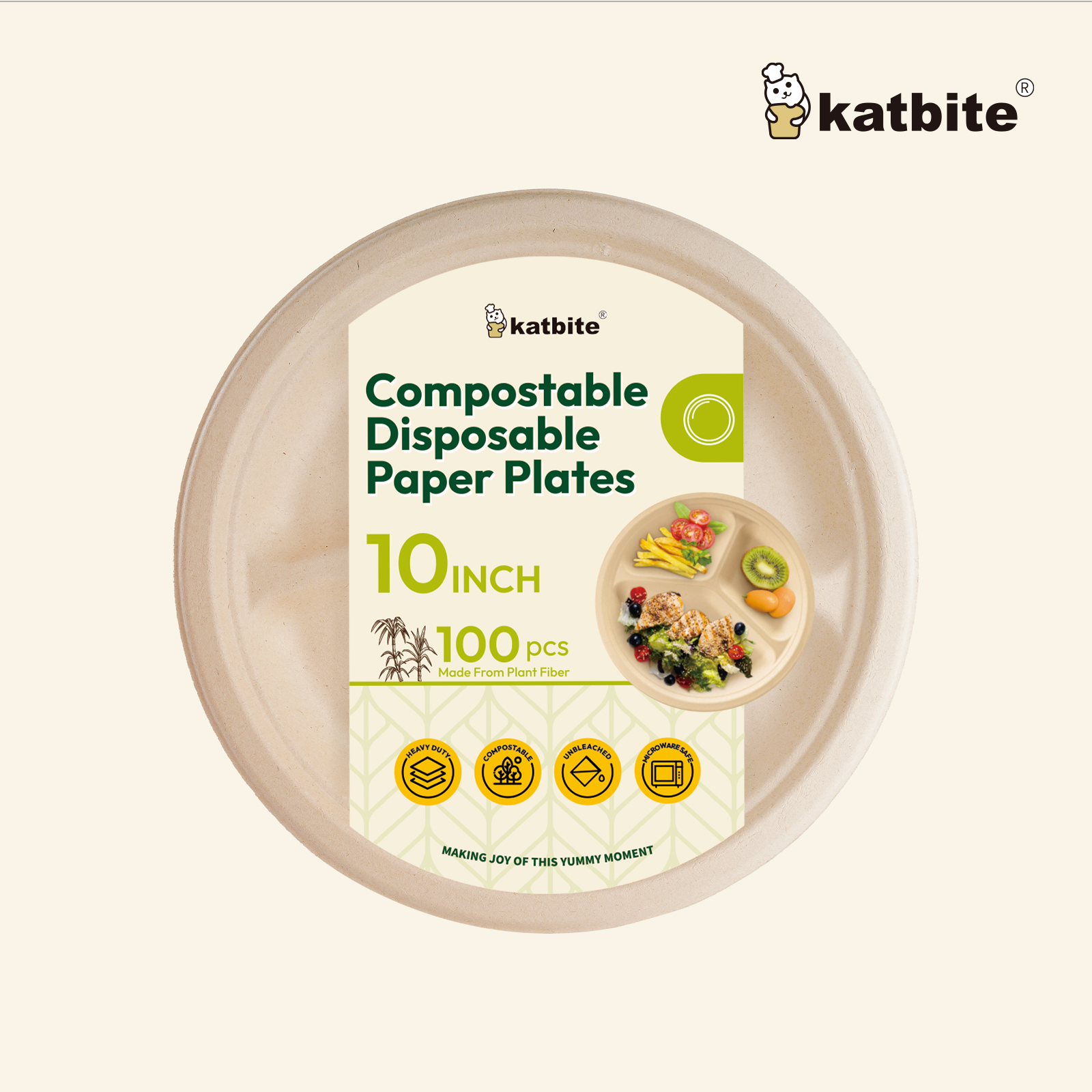 Katbite 3-Compartment Paper Plates, 10 Inch, 100 Count photo 2