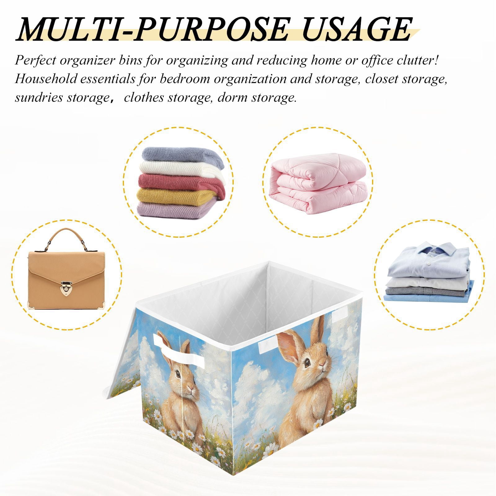 Easter Rabbit Flowers Storage Basket for Shelves Foldable Container Organizer for Organizing Toys Clothes Books with Handles