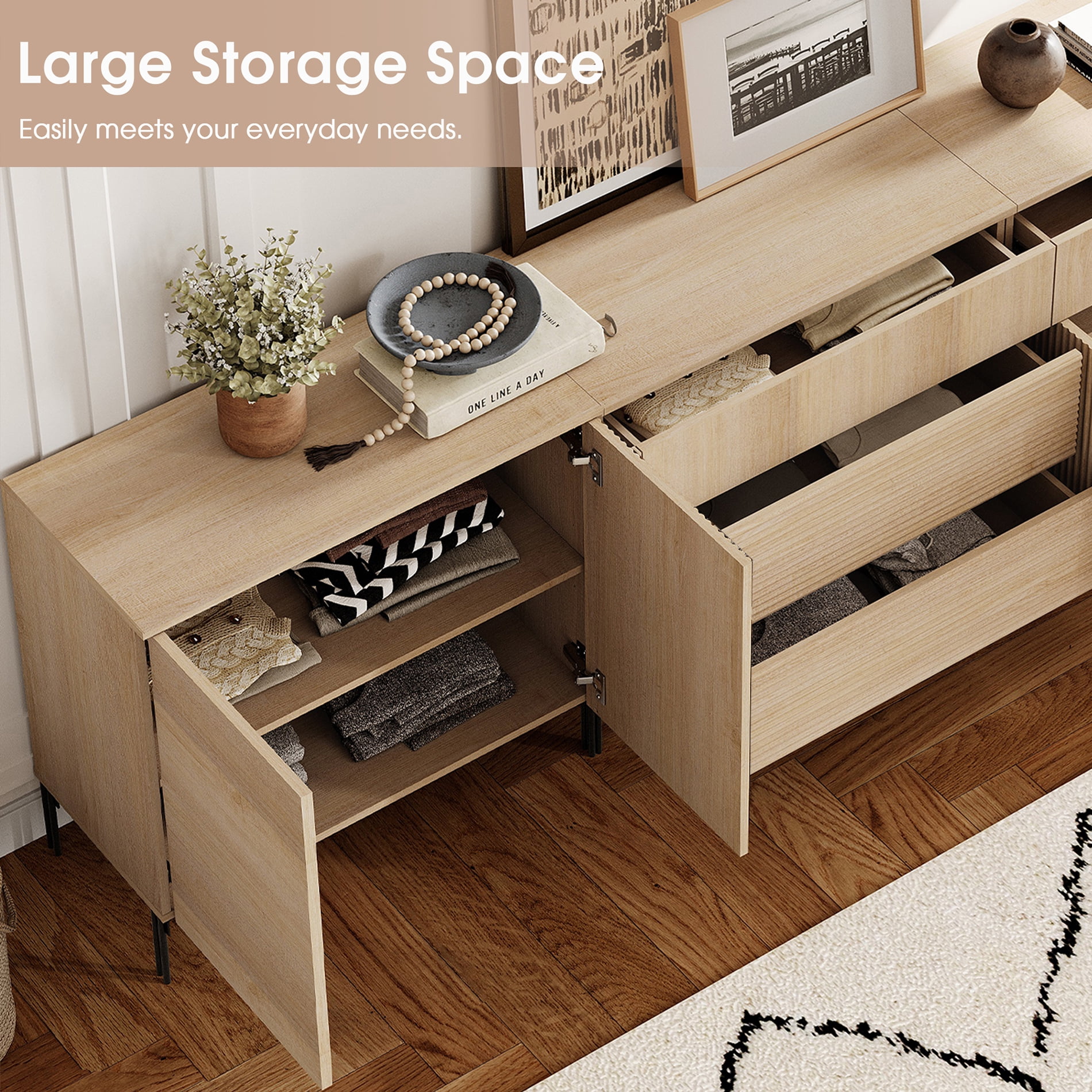 126" Modern Reeded 6-Drawer Dresser Set for Bedroom, Minimalist Chest of Drawers with Storage, Wooden Dresser for Living Room, Bedroom, Entryway