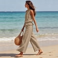 thumbnail image 7 of Linen Sets for Women 2 piece Sleeveless Ruffle Top Wide Leg Pants Matching Set Summer Beach Vacation Outfits,Khaki,S, 7 of 7