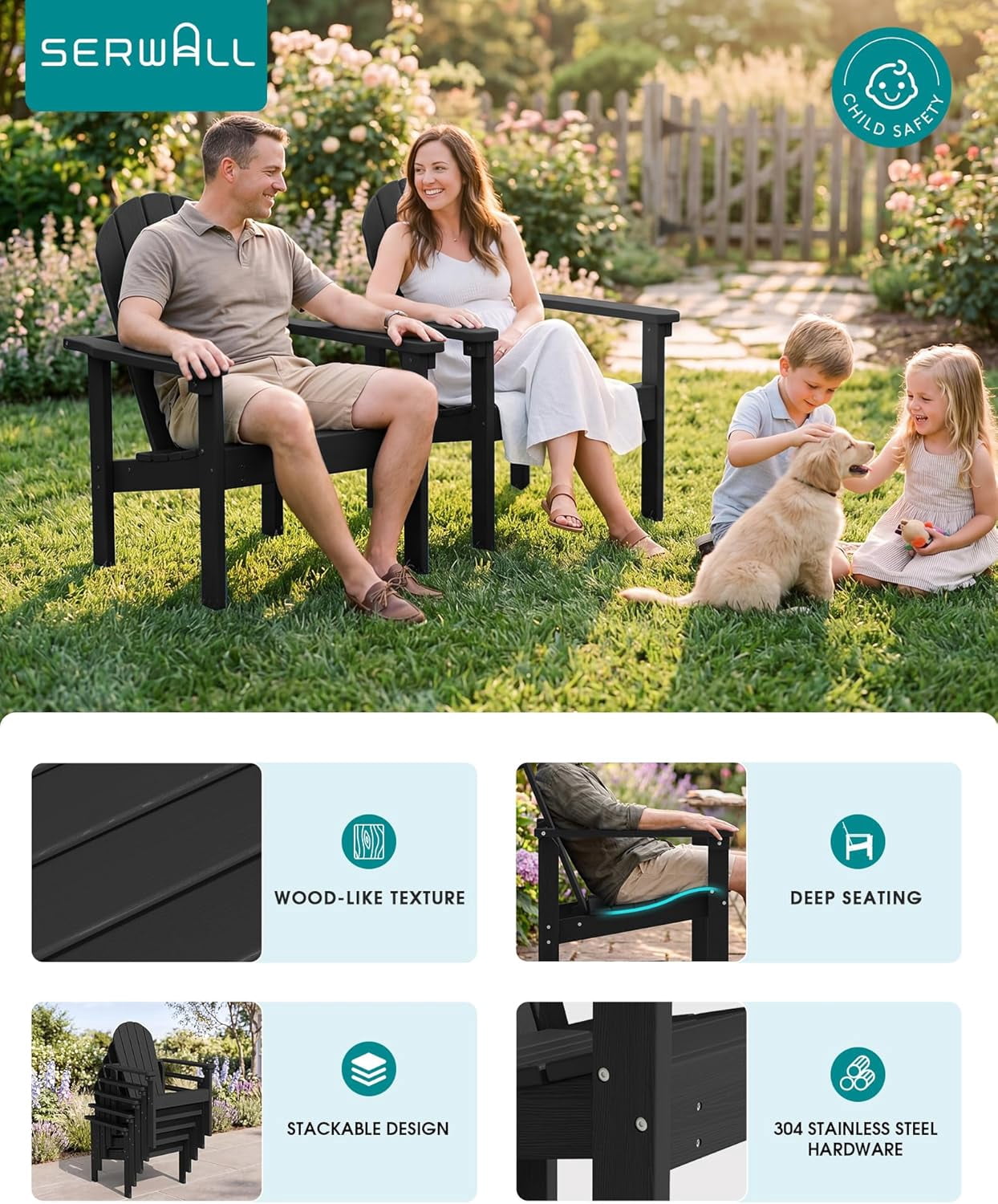 WBTER Stackable Modern Adirondack Chair, HDPE Outdoor Patio Chair with Space-Saving Design, All-Weather Fire Pit Chair with Widened Seat for Deck, Backyard, Garden, Lawn (Black)
