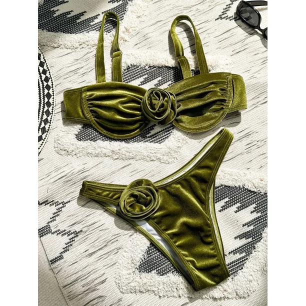 Conjunto de Bikini de terciopelo con flores en 3D para mujer, bañador Sexy con Push-Up, microtraje de baño con aros, traje de baño con Tanga verde 2024