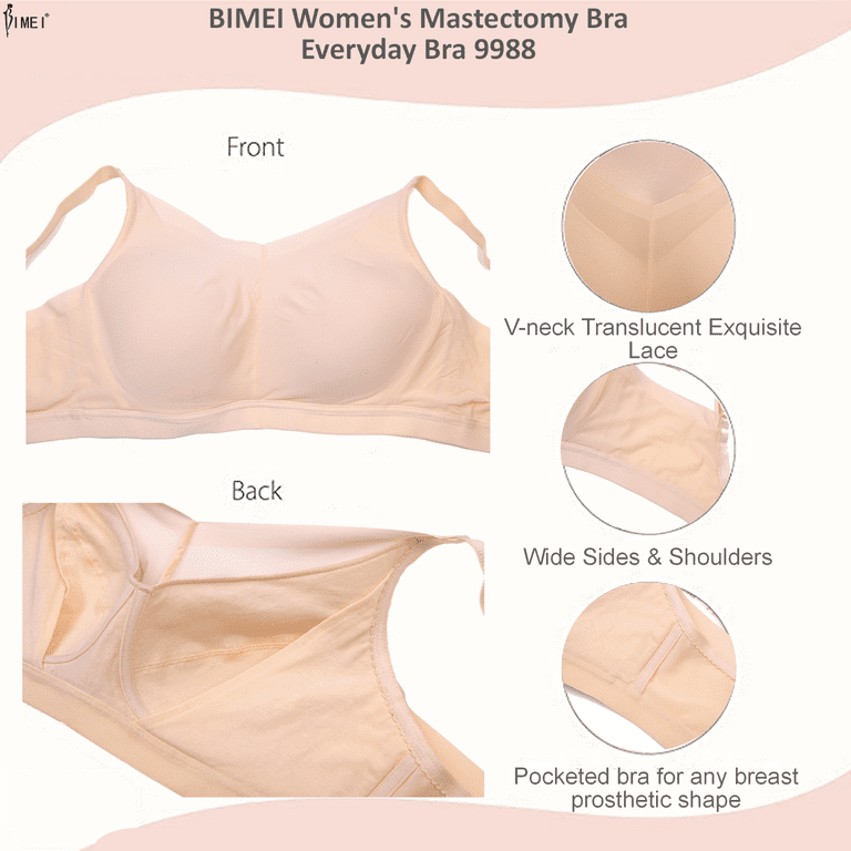 BIMEI Mastectomy Bra with Pockets for Breast Prosthesis Women's Full  Coverage Wirefree Everyday Bra 9988,Beige, 38C