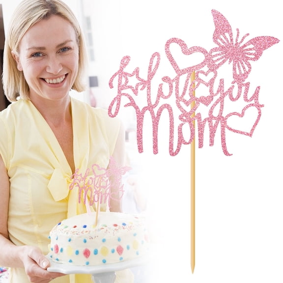 Mother's Day Cake Toppers, Pink Glitter Butterfly & Heart 4 Styles Mom Cake Decor for Mother's Day Birthday Party, 5.90"×5.00" 1PC
