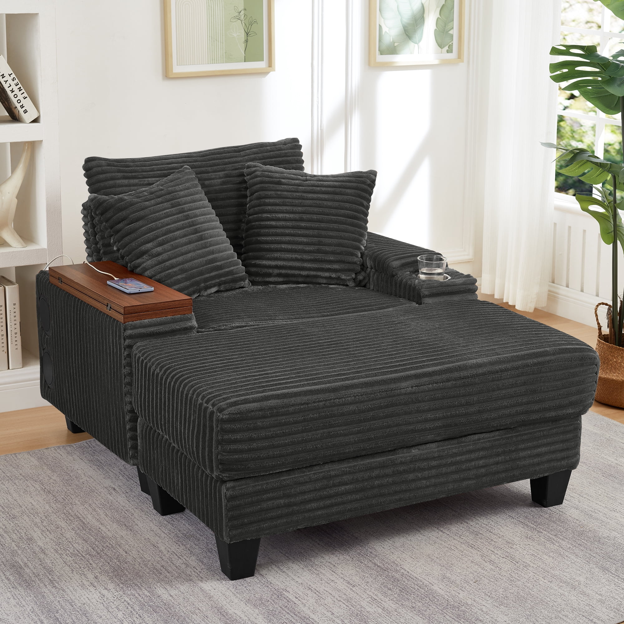 Chaise Lounge Chair Indoor,Corduroy Single Upholstered Sofa Bed with Ottoman,Cup Holder & USB Ports,180°Rotating Table Board for Living Room,Bedroom,Apartment,Dark Gray