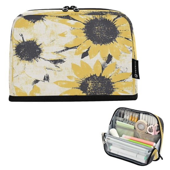 Standing Pencil Case with Base Large Capacity Stationery Pouch Pen Bag with Zipper for Women Men Yellow and White Sunflower