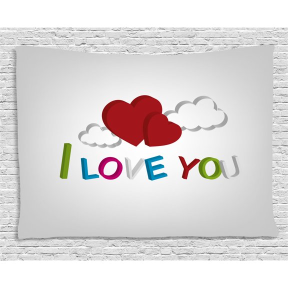 I Love You Tapestry, 3D Letters Clouds and Hearts Romantic Message Happy Feelings, Wall Hanging for Bedroom Living Room Dorm Decor, 80W X 60L Inches, Lime Green Blue Magenta Ruby, by Ambesonne
