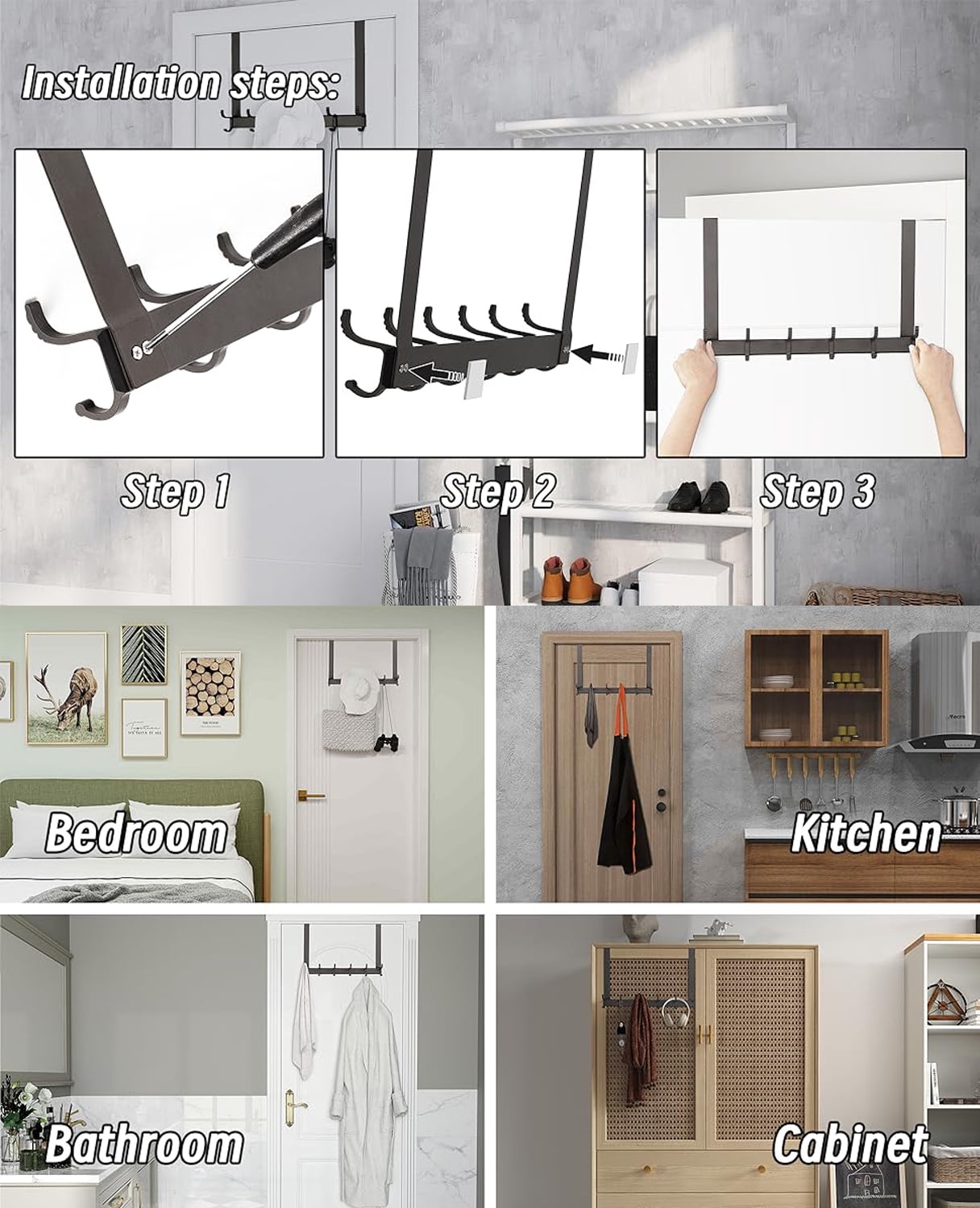 Over The Door Hooks for Hanging,Heavy Duty Hanger Holder for Hanging with 5 Dual Hooks,Over The Door Hanger Hook, Black Over the Door Towel Rack Fits 1-3/4" Thick Door