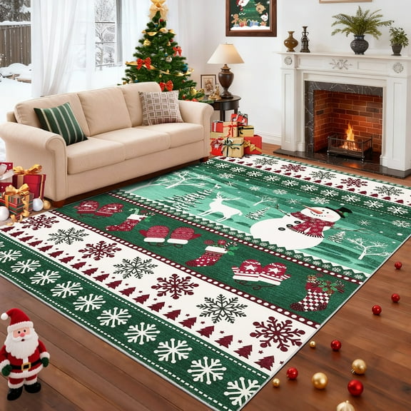 GlowSol 9'x12' Christmas Area Rugs for Living Room Bedroom Xmas Snowflakes Snowman Festival Winter Decorations Rugs Soft Foldable Accent Rug, Green