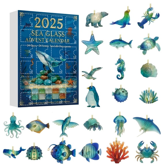 2025 Sea Glass Sea Life Advent Calendar, 24 Unique Ocean Themed Handcrafted Ornaments, Coastal Christmas Countdown Gift for Sea Lovers, Sea Christmas Decor