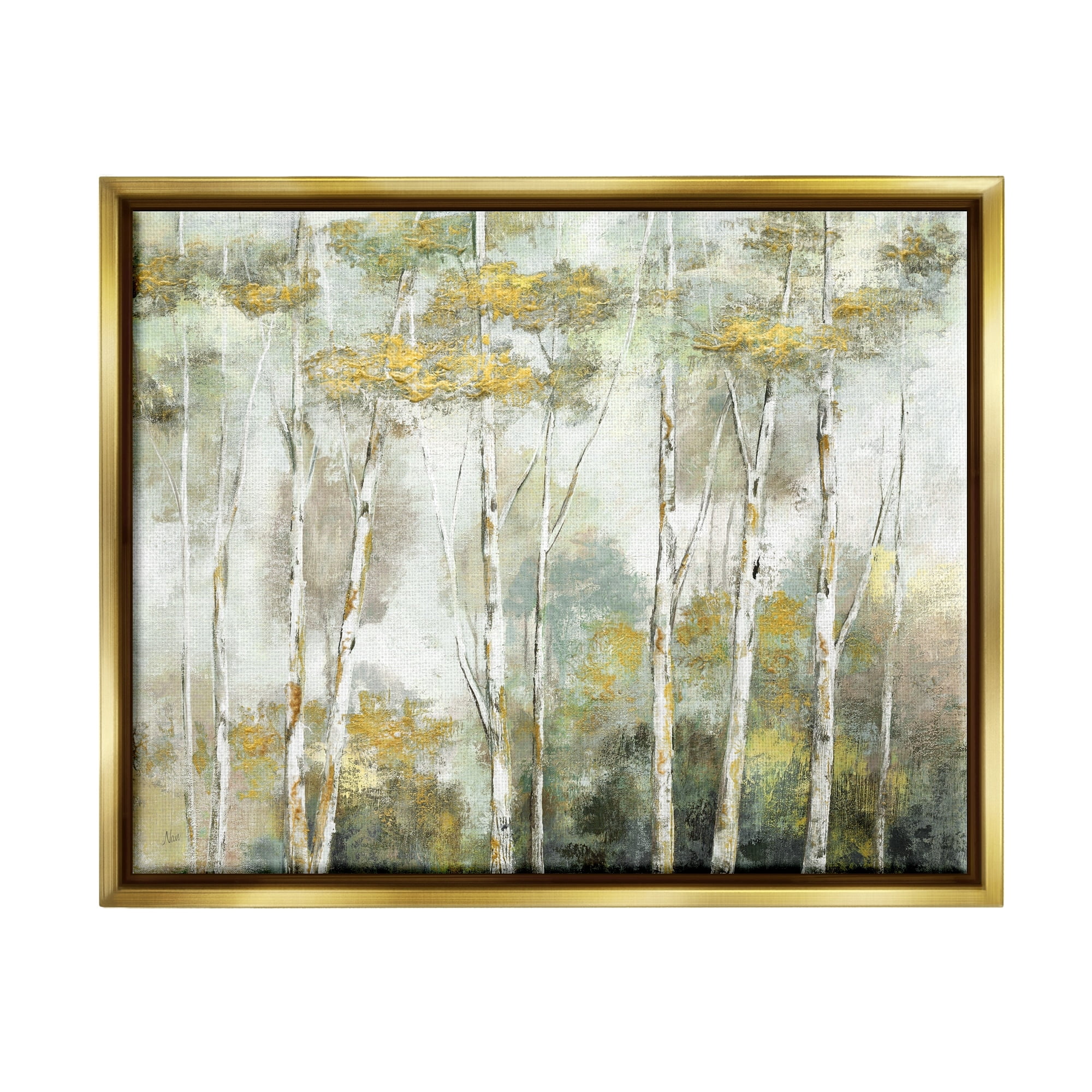 Stupell Industries Birch Tree Forest Yellow Foliage Woodland Painting Painting Metallic Gold Floating Framed Canvas Print Wall Art, Design by Nan