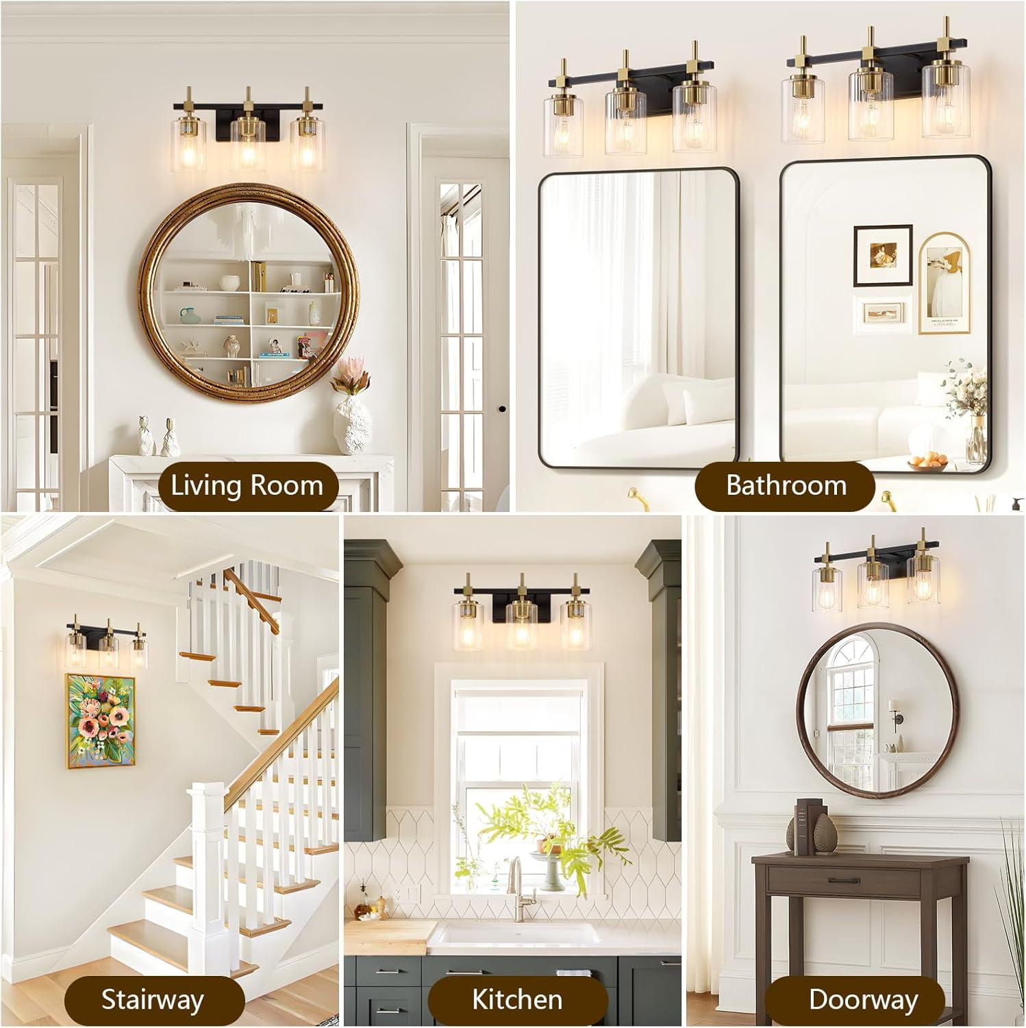 Textured Glass Bathroom Vanity Light 3-Light Brass Wall Light Fixtures over Mirror Black and Gold Vanity Lighting for Bathroom Wall Sconce