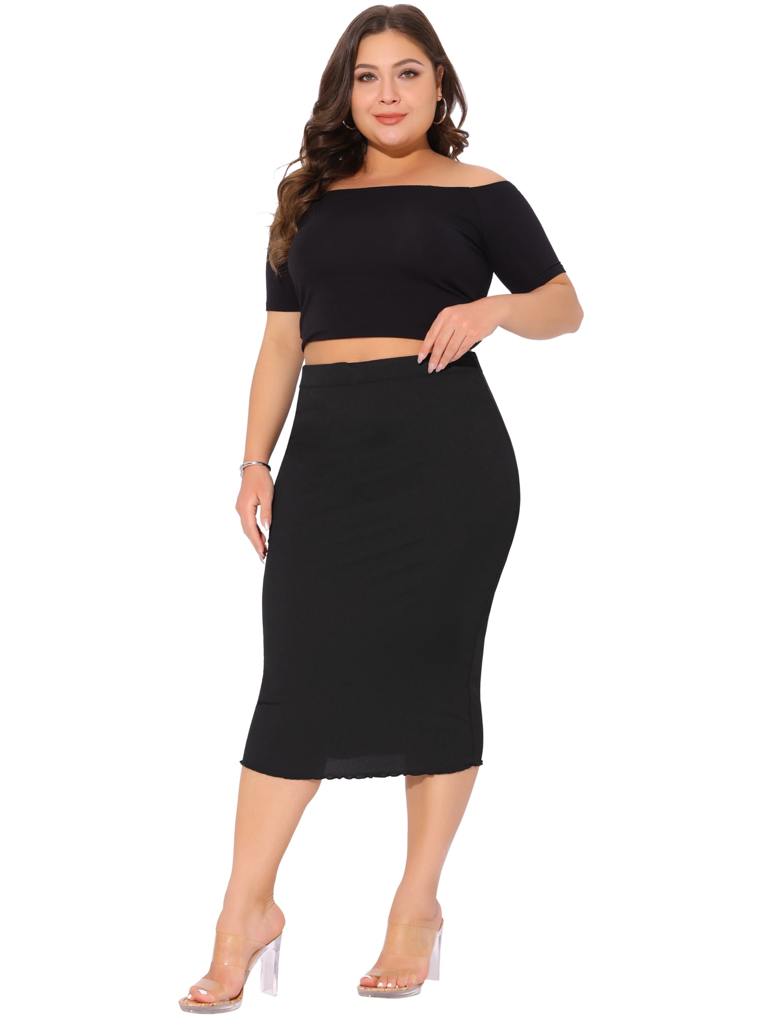 DARING DIVA Women's Plus Elastic High Waist Textured Bodycon Midi Pencil Skirt 1X Black