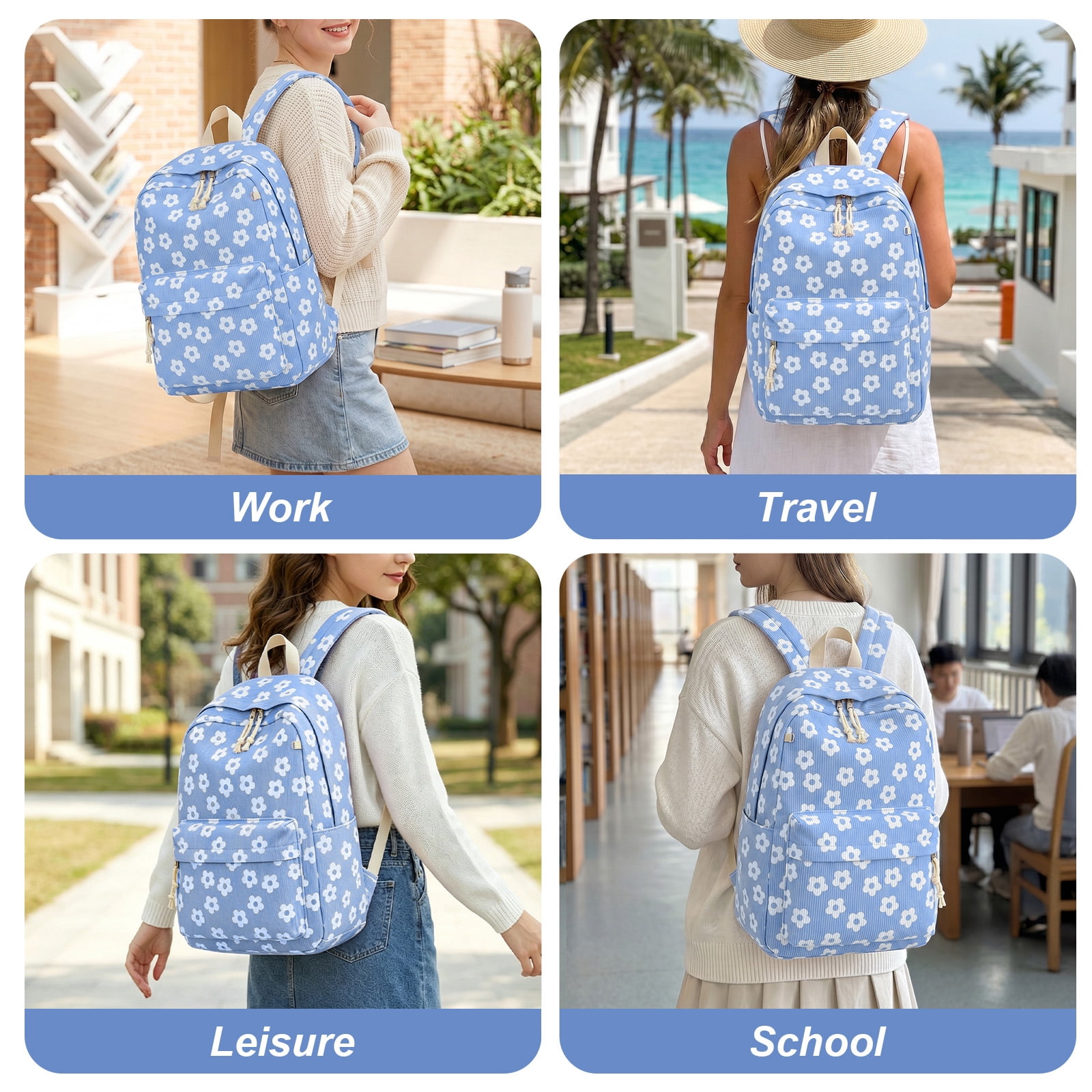 DAKIMOE School Backpack for Teen Girls Bookbags Elementary High School Corduroy Laptop Bags Women Travel Daypacks Middle School College Big Blue Flower