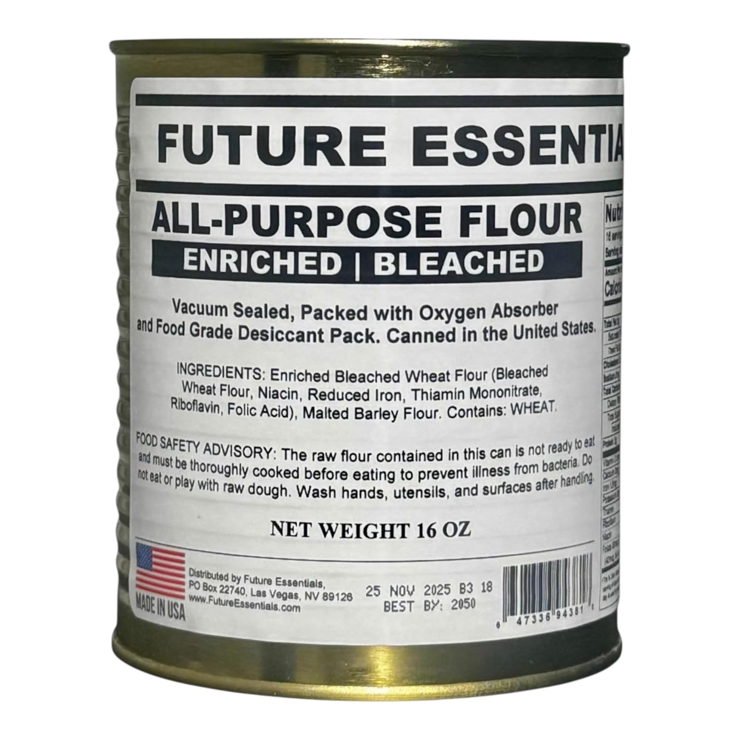 Future Essentials All Purpose Flour 1 Pack (#2.5 Cans, 16 oz Each) – Long-Term Food Storage Baking Flour, 25 Year Shelf Life, Emergency Preparedness & Everyday Cooking, Made in USA