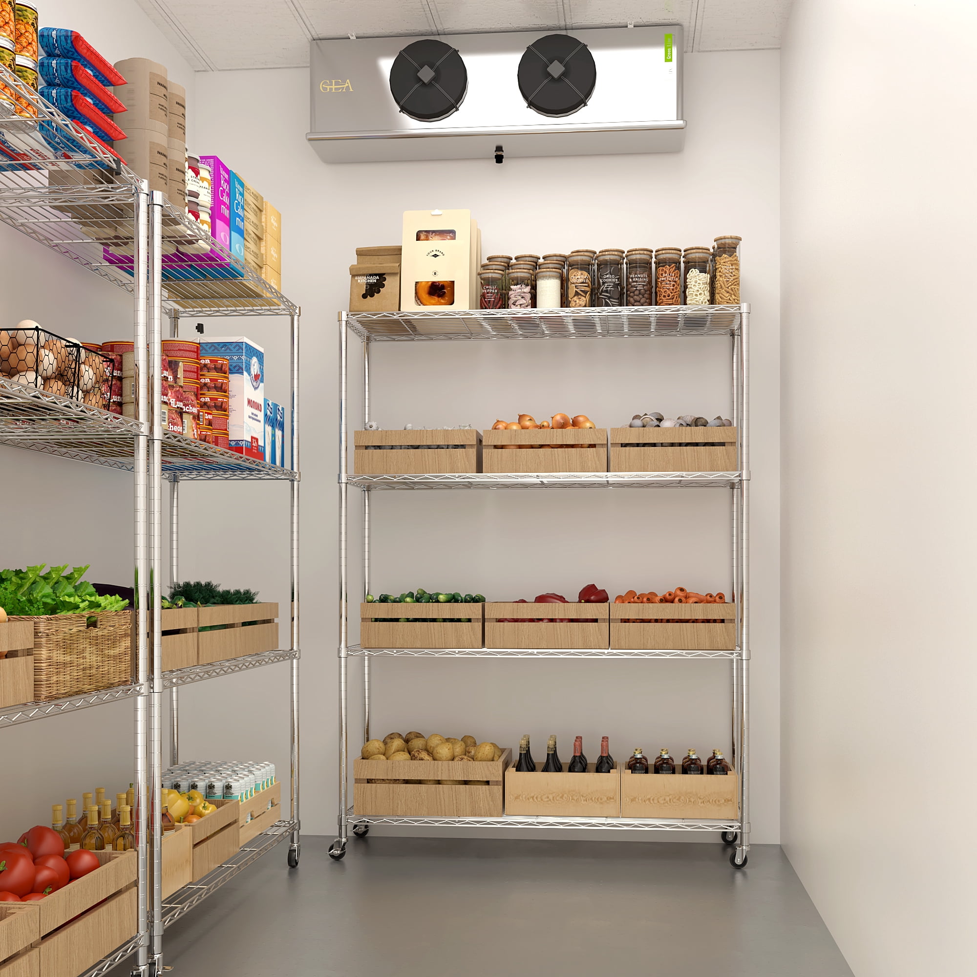 4-Tier Adjustable Steel Shelving Unit with Locking Rubber Wheels, Gray, 46.06 x 17.72 x 64.96 in