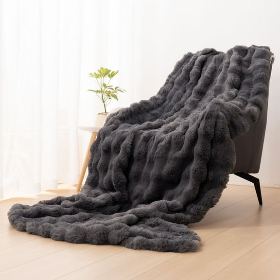VK·LIVING Thick Ribbed Faux Rabbit Fur Cozy Reversible Throw Blanket,Super Soft 3D Striped Fuzzy Cozy Blankets,Dark Gray,90"x 90"